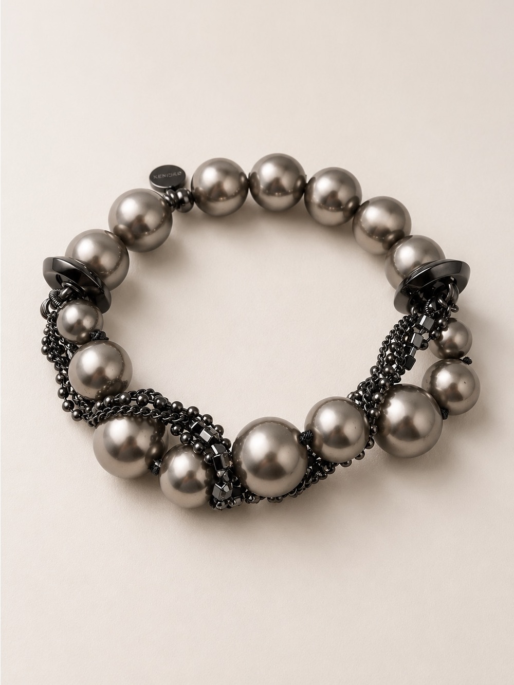Givenchy Gunmetal Gray Pearl Stretch Bracelet Black Chain Statement Bracelet - Picture 1 of 6